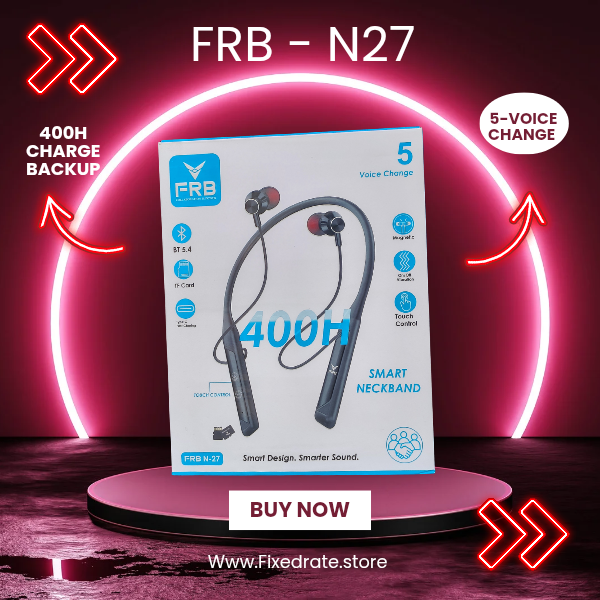 FRB N-27 Smart Neckband with 400H power backup, Bluetooth 5.4, ENC noise cancellation and magnetic earbuds